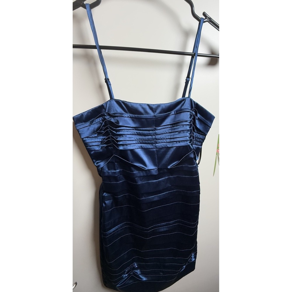 B. Smart Blue‎ Satin Ruched Mini Dress Size 3/4 Spaghetti Strap